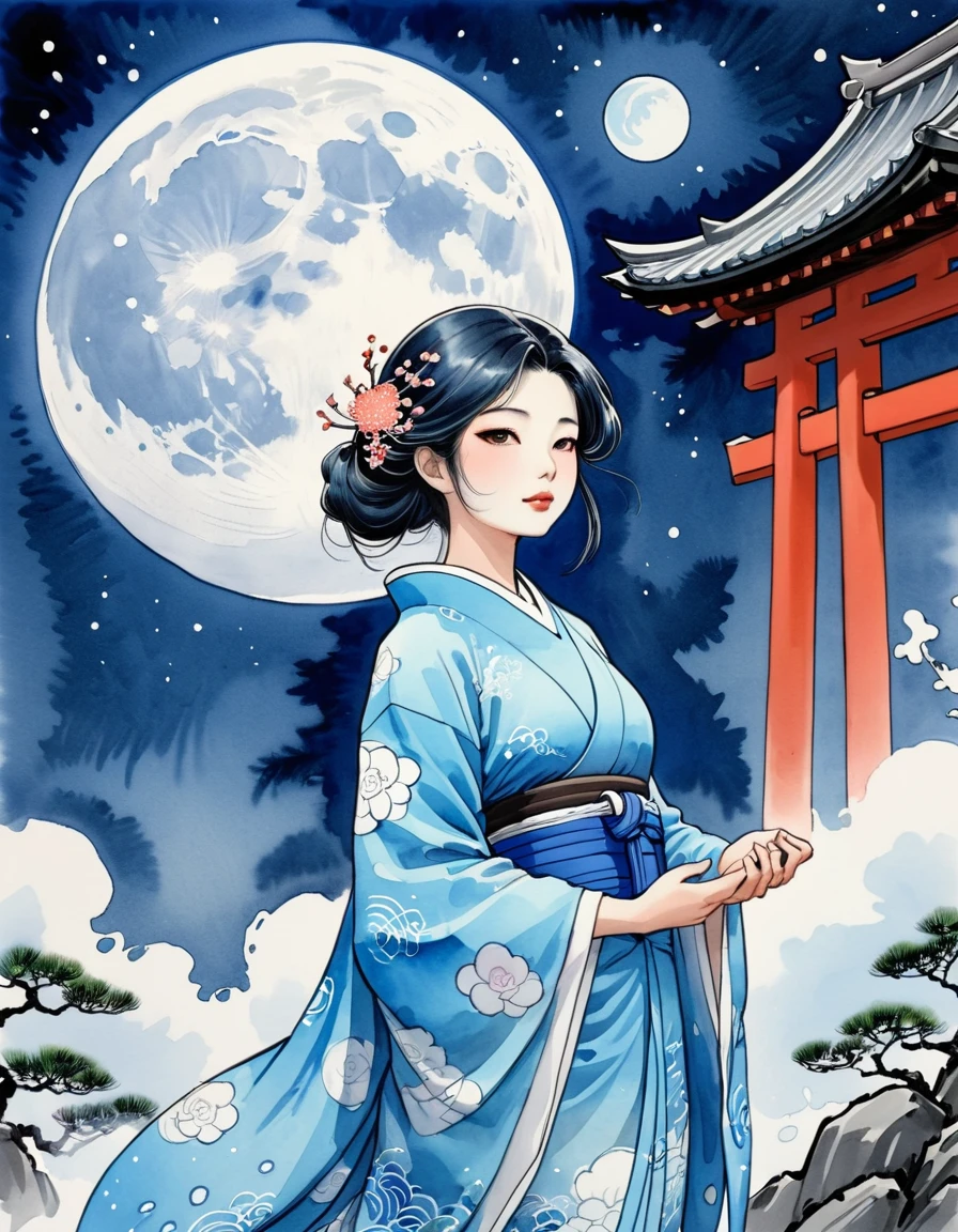 Taisho Romance　shrine　A big blue moon and a beautiful, free and ambitious Japanese woman in a kimono　Aquarius Blue Moon　Big Moon　Watercolor art　Detailed ink illustration　spiritual
