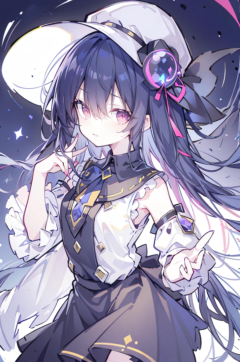 oung Girls,Humanity,A magician always smiles,big witch hat,cute,dark blue long hair,The eyes are dull,The bangs are heavy,Thin eyebrows,fantasy,intake,Double teeth,Star Theme,Constellation pattern,Solid color clothetal decoration,cloak,A bit of a dark atmosphere,A little crazy smile,When the big moon shines outside at night,blood,Hair black star embellishment,Short tie,No nails,High waist skirt,Bell sleeves,Long-sleeved shirt,Black tie,low risk,gentlemen。Mist、Yellow and white effect,Shocking pink as an accent color