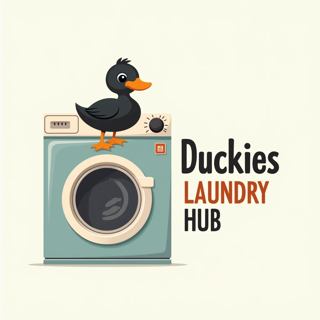 simple logo with black duck sitting at the washing machine, put caption at the right of the picture with "Duckies Laundry Hub"