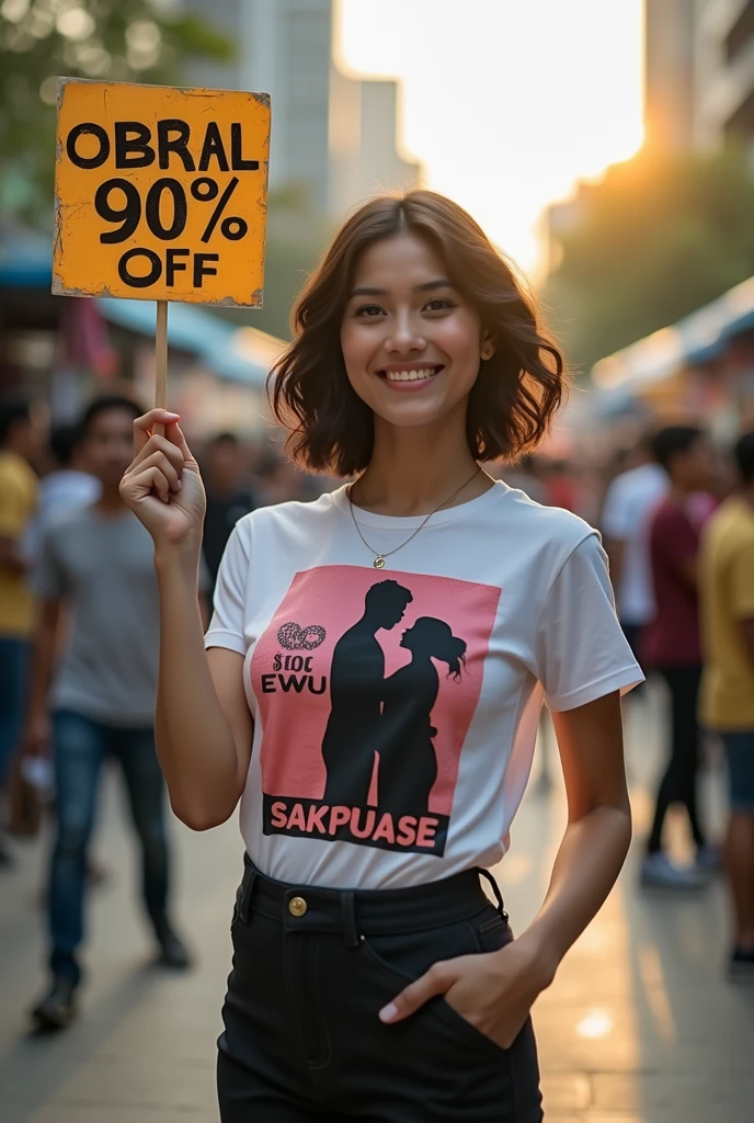 A beautiful Indonesian girl, wearing a t-shirt with a strong vector design featuring a silhouette image of a naked couple having sex in black colour. The sentence "50 EWU SAKPUASE" is displayed with bold and distressed typography pastel tone, holding a poster a sign that reads "(OBRAL 90% OFF)", short wavy hair, in a public place, surrounded by many men, large and sexy breasts, underwear, with a shooting angle from the front, very realistic, (complex detail: 0. 9), (hdr, hyperdetail: 1.2), RAW, Sony Alpha a9 II, 24-105mm f/4, HDR,