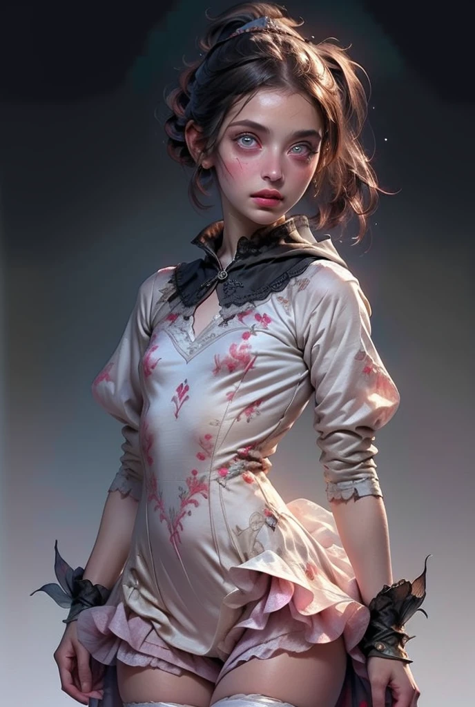((best quality)), ((masterpiece)), (detailed), perfect face (((masutepiece, of the highest quality, super detailed))), hand drawn style, hand painted style, watercolour, sketch, a knight, white background, plain background, Bloodborne inspired, tatty Bloodborne attire, occult aesthetic, occult, tatty red and white clothing detailed and intricate steampunk and detailed gothic lolita (with a hood), long coat, Complex laced boots, Fluttering lace flared long knee length dress with frilly petticoats, long dress, knee length dress, pleated petticoats, petticoats gothic lolita aesthetic, beautiful small breasts, (((flat chest:1.1))), (((( Highly detailed face))), small thin nose, Small thin lips mouth, (((Very sharp focused eyes))), Very large slit precision pale grey eyes that shine like jewels. (resolved expression), (resolute expression), ((dark hair)), ((long ponytail, thick ponytail, heavy ponytail)), very long eyelashes, white background, Very dramatic and cinematic lighting, tatty damaged old red and white clothing, full body, whole body, body, cosmic horror, grim dark
