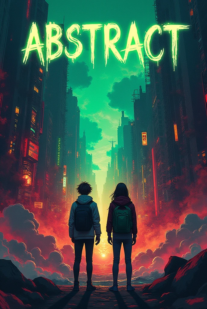 a poster of two people standing in front of a city, abstract album cover, abstract, artistic abstarct, abstract high quality, abstract!, abstract concept, an abstract, anime abstract art, abstract horror, 8 k hd wallpaperjpeg artifact, 8k hd wallpaperjpeg artifact, abstraction, abstract environment, abstract!!, abstract style, official artwork. with the word ABSTRACT in the sky making it green