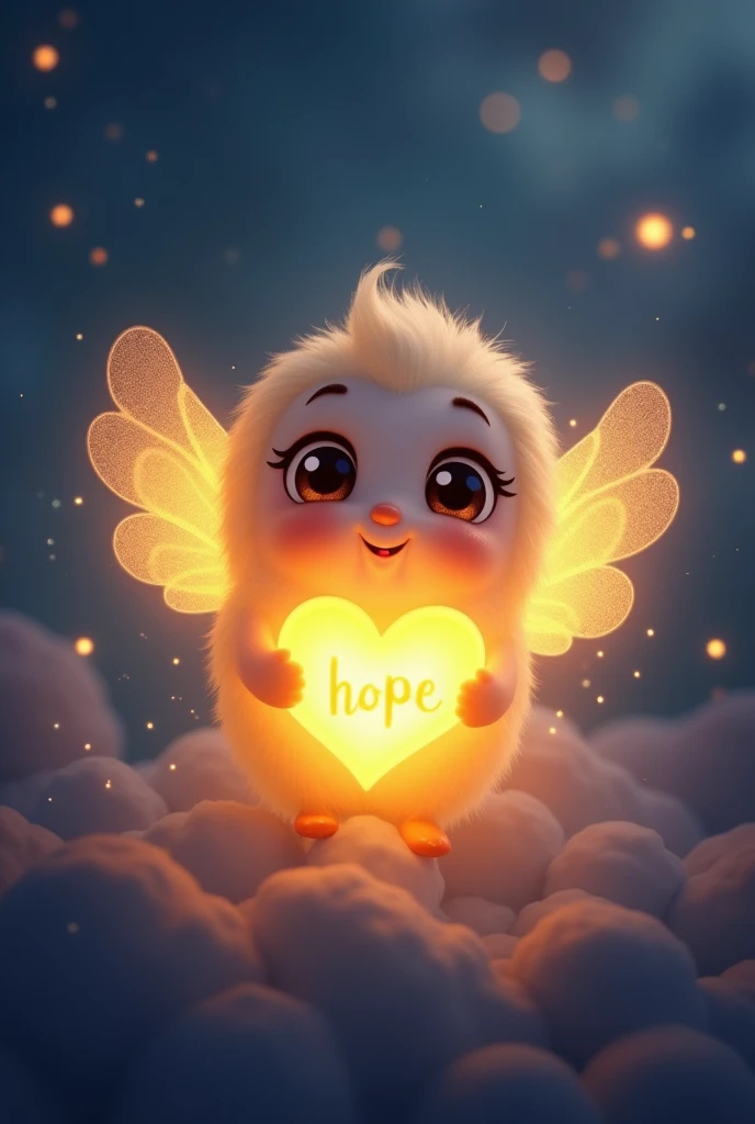 Lumi is a small golden heart-shaped light, representing the hope and inner light that we all carry, mesmo nos momentos mais sombrios. with big and expressive eyes, I am loading the word "hope", Lumi always has a soft smile, symbolizing empathy and acceptance. Its bright wings suggest the idea that it is possible to find the lightness and strength to move forward., even when everything seems difficult.