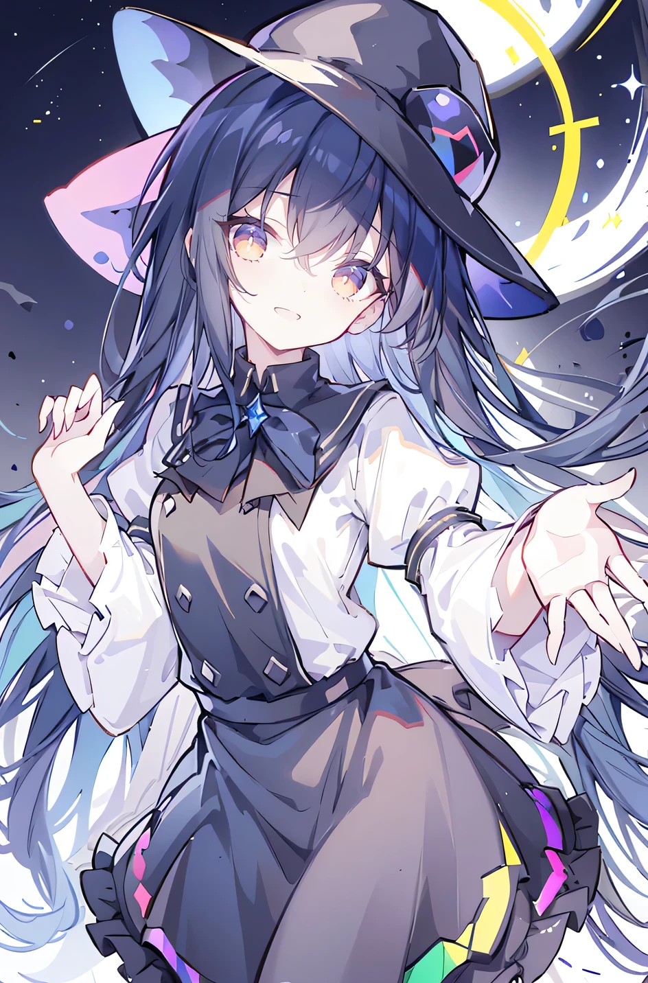 oung Girls,Humanity,A magician always smiles,big witch hat,cute,dark blue long hair,The eyes are dull,The bangs are heavy,Thin eyebrows,fantasy,intake,Double teeth,Star Theme,Constellation pattern,Solid color clothetal decoration,cloak,A bit of a dark atmosphere,A little crazy smile,When the big moon shines outside at night,blood,Hair black star embellishment,Short tie,No nails,High waist skirt,Bell sleeves,Long-sleeved shirt,Black tie,low risk,gentlemen。Mist、Yellow and white effect，Shocking pink as an accent color
