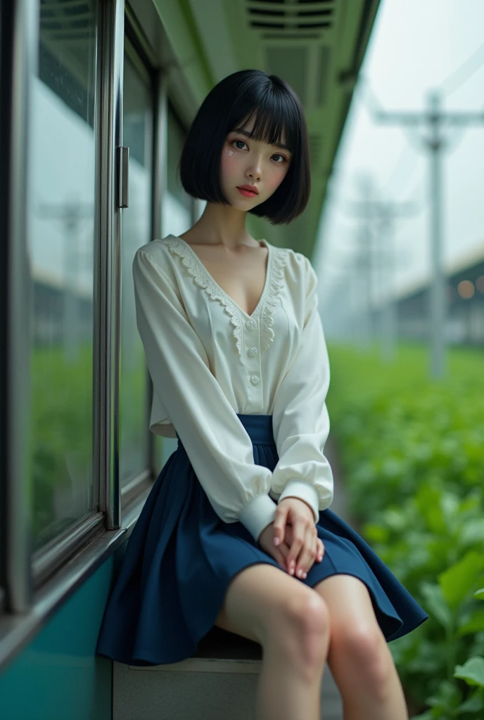 masterpiece, Highest quality, figure, Very detailed, The finer details, High resolution, 8k,wallpaper, Perfect dynamic composition,(Detailed high quality, Realistic depiction of eyes:1.3),Completely naked, Seraphim, Navy Pleated Skirt, Sitting, Leg spread, Short Bob Hair, Sitting on a train in Tokyo, Deep in the field, Large Breasts, Black hair color, Big Natural Color Lip, (Perfect figure), Crying a little、Harajuku Style、20-year-old girl、Cute type、Beautiful feet, Idol Sculpture