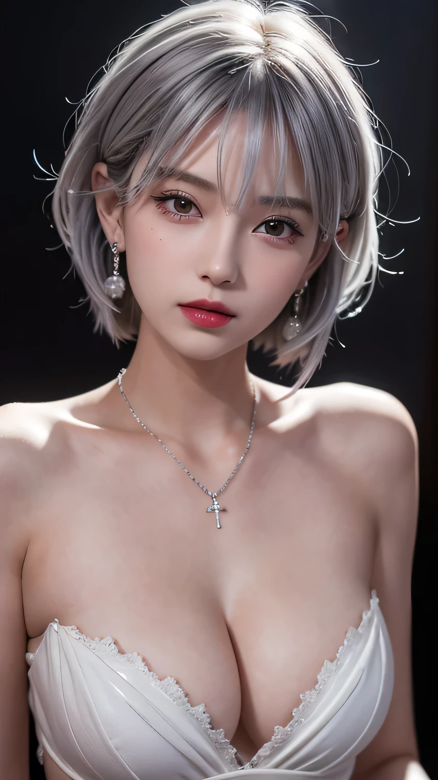 very cool,One person,jewelry,Multicolored Hair,Silver Hair,Gray Hair,alone,necklace,short hair,whole body,Earrings,Red lips,avert your eyes,Exposing shoulders,Look to the side,compensate,lipstick,, Highest quality , masterpiece, figure, Very delicate and beautiful, Very detailed ,CG,Unity,8k wallpaper, wonderful, In detail, masterpiece, Highest quality,Official Art,Very detailed CG Unity 8k wallpaper,Absurd, incredibly Absurd, Large file size , Very detailed, High resolution, Very detailed,Beautiful detailed, Very detailed eyes and face, Beautiful attention to detail,Light on the face,