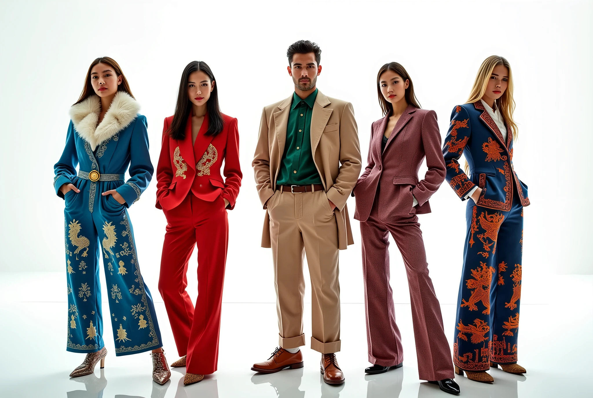 Russin girl wearing blue suit with lot of snow patterns and fur ,((korean girl)) wearing red suit with green shirt and lot of chinese dragon patterns , turkish girl wearing beige suit with lot of arabic patterns , african firl wearing puple suit with lot of orange pattern , american girl wearing blue red suit with lot of american eagle patterns ,high classic shoes , differents poses , oversize pants , photo shooting , models, white background , cineamtic , full body , space between them