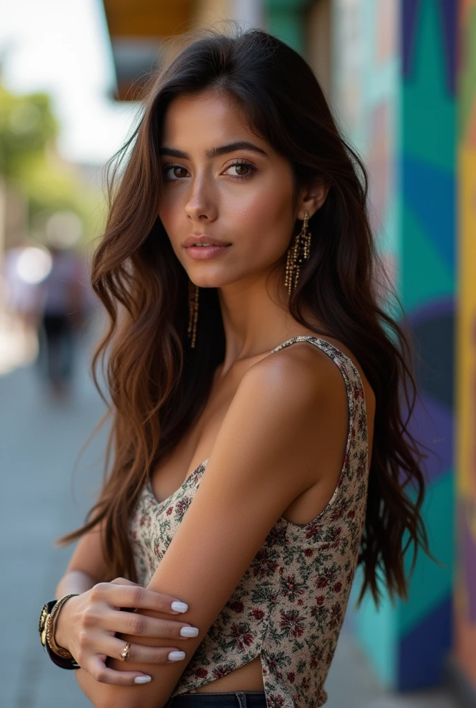 Profile photo of a young adult Brazilian woman journalist, with wavy brown hair, eyes browns, chic style