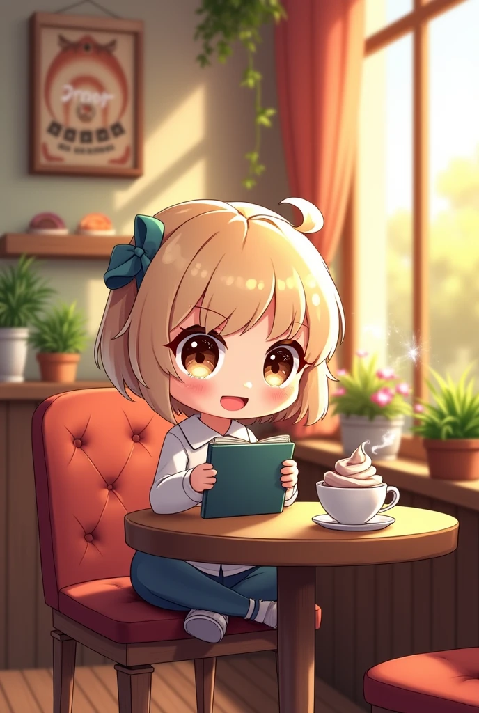 A chibi cartoon of a teenager reading on a tablet at a cafe