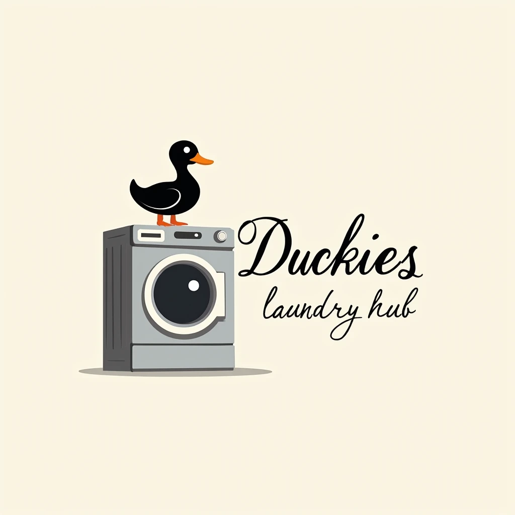 simple logo with black duck sitting at the washing machine, put caption at the right of the picture with "Duckies Laundry Hub"