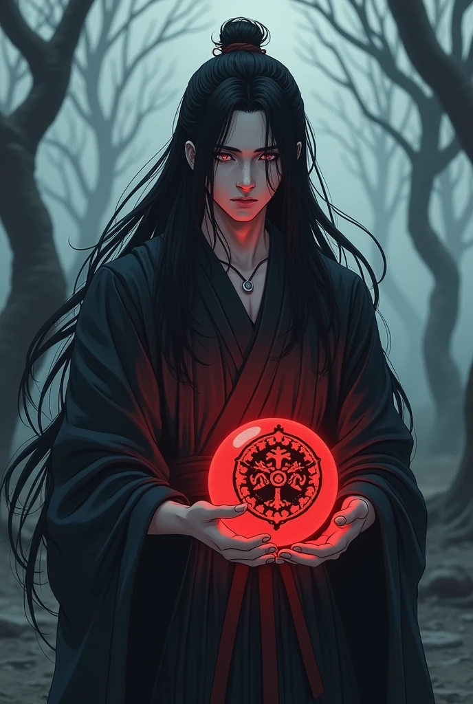 Anime, Male, long hair, black hair, immortal-like appearance, dark souls atmospheric, black dark striped kimono, holding a red ball of energy with a mysterious crest.