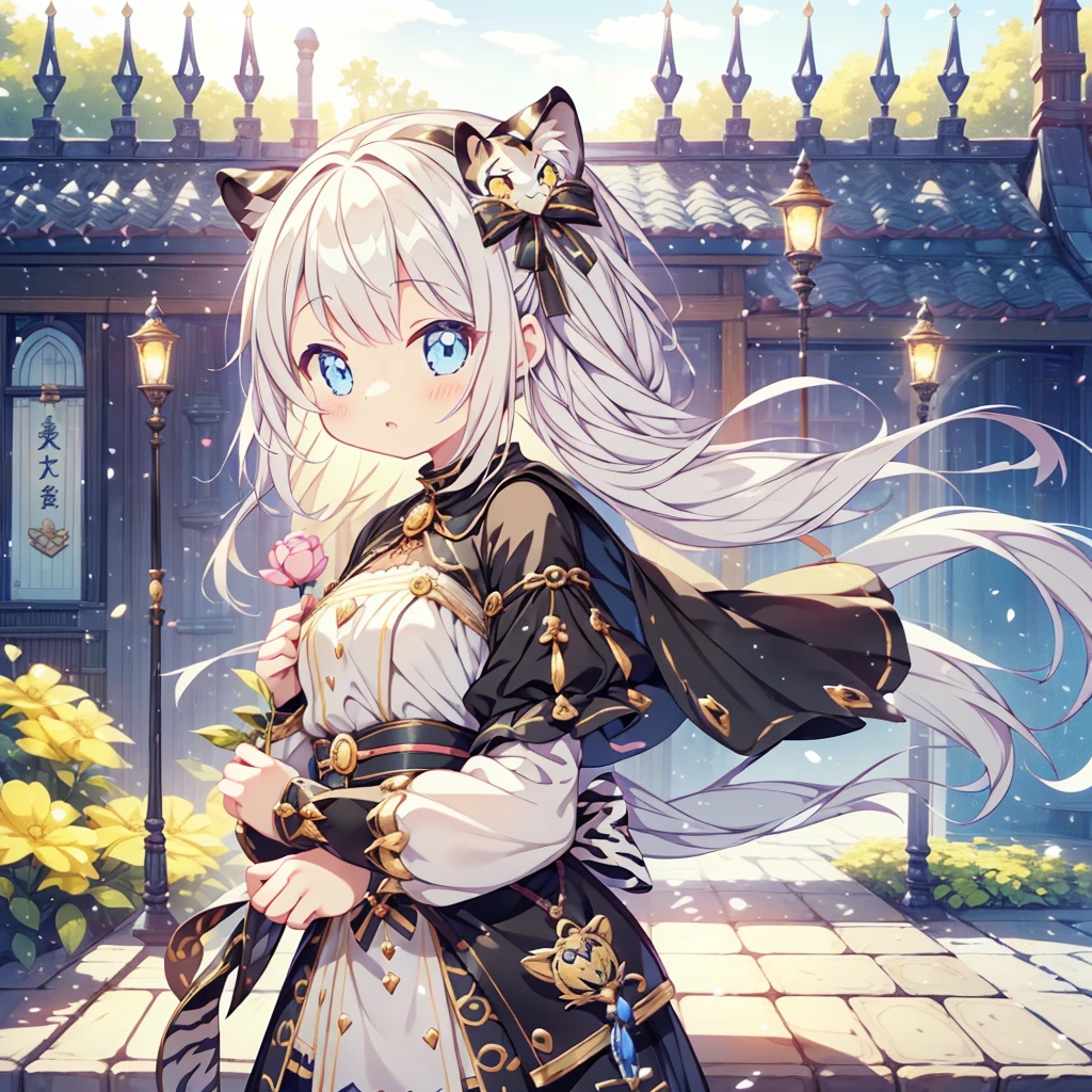 Fantasy、cute白虎の赤ちゃんのぬいぐるみを抱きかかえる人間の美少女、Highest quality、Masterpiece、Dynamic composition、The background is a black and white tiger pattern、cute、