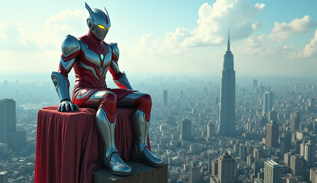 Very realistic artwork, A large Ultraman sits on a building instead of a chair in the city, best quality, super real, realistic,16k, high detail, high resolution, professional, HDR, extreme detail, cinematic