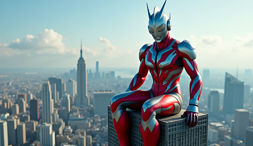 Very realistic artwork, A large Ultraman sits on a building instead of a chair in the city, best quality, super real, realistic,16k, high detail, high resolution, professional, HDR, extreme detail, cinematic