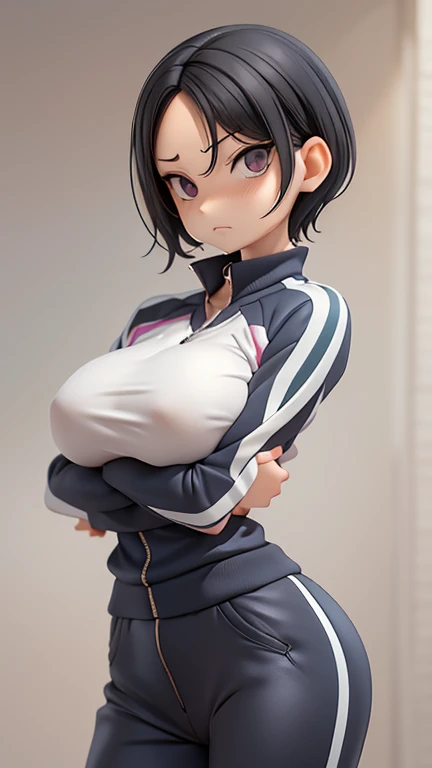 30-year-old woman、Adult women、Cool woman、slender、Sharp eyes、Angry、Screaming、sharp、female teacher、physical education teacher、Black Hair,、boyish、Shortcuts、Short cut、The forehead is visible、Forehead、Jersey、Tracksuits、Clothing patterns、Clothing Design、The front is open、whole body、