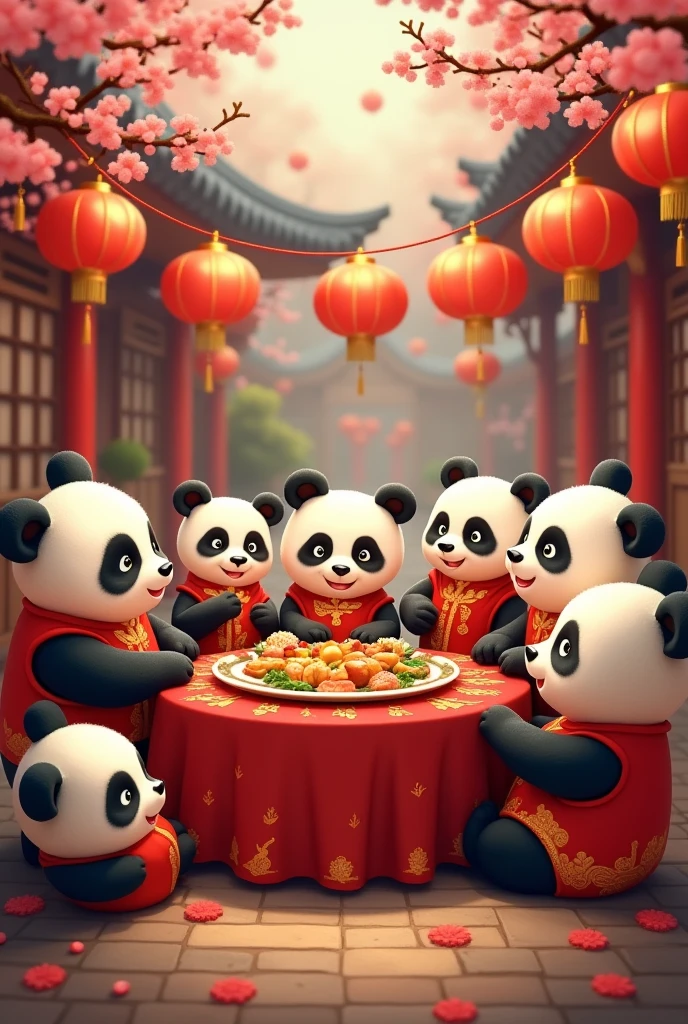 A group of pandas wearing red clothes for the New Year,Gathering around for the New Year's Eve dinner,Pandas of different ages,happy atmosphere,Cute realistic style,Chinese style in the background