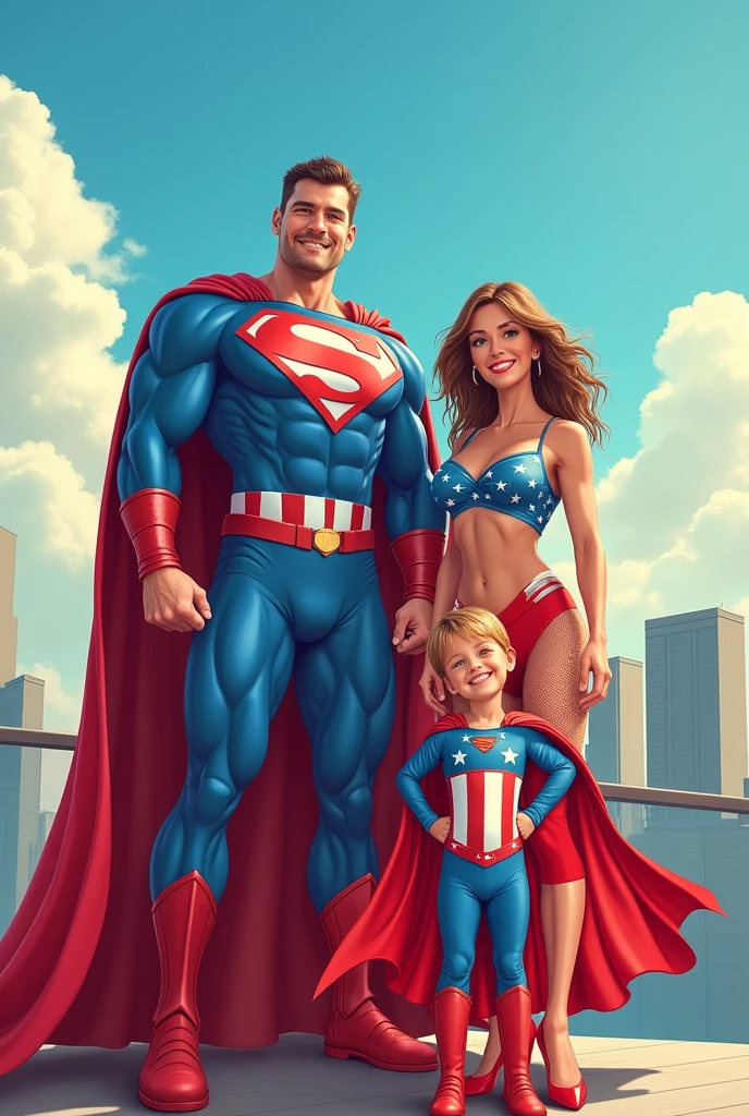 Caption america in super hero dress with son and wife