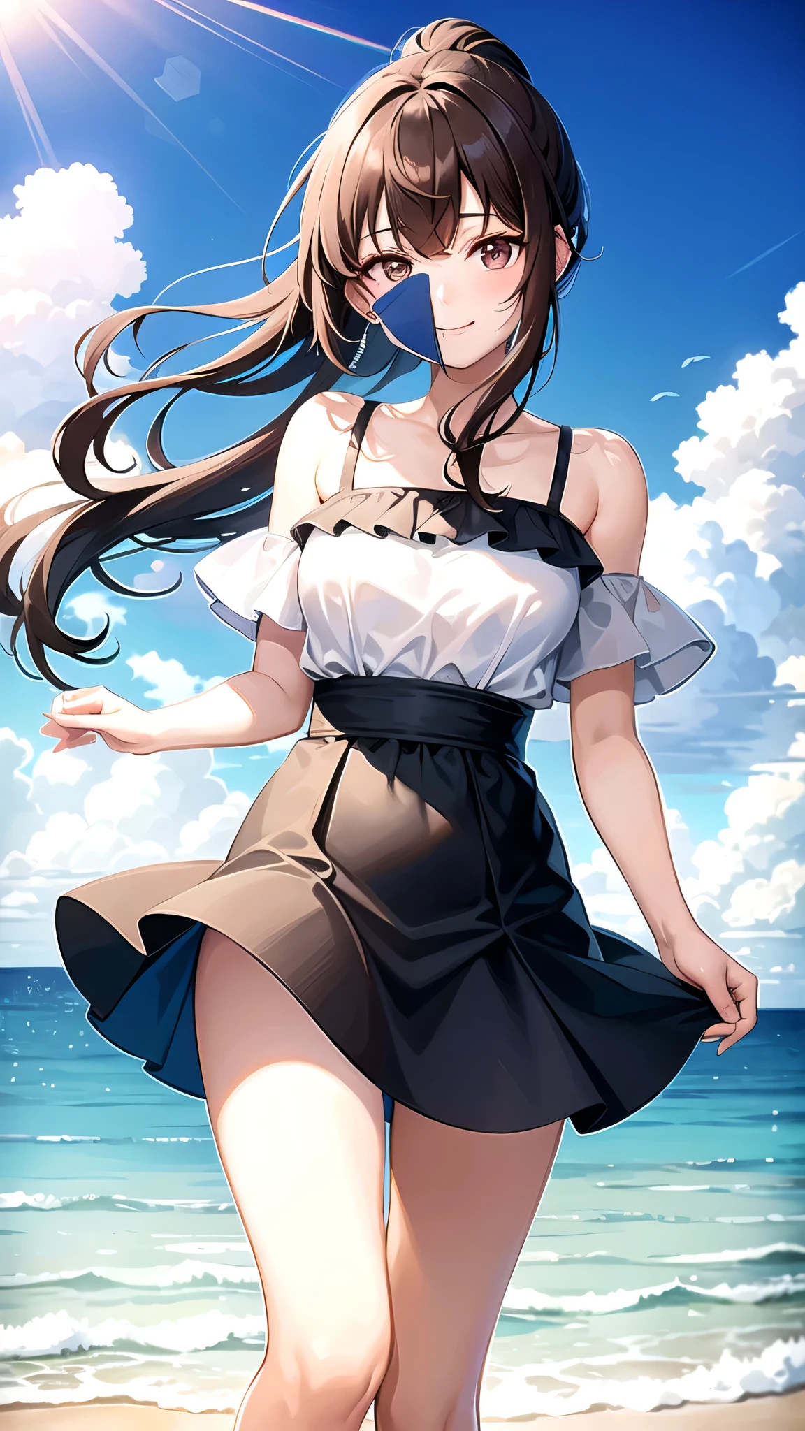 “A high school girl with a youthful, carefree vibe is standing by the seaside, her hair gently blown by the ocean breeze. She’s dressed in a modest summer outfit, such as a light, short-sleeved blouse paired with a knee-length skirt or loose-fitting pants. The girl wears a gentle smile, and the scene captures the essence of a warm, sunny day at the beach, with the ocean’s waves softly crashing in the background and a few scattered clouds in the bright blue sky. The overall atmosphere is peaceful and nostalgic, evoking the simple pleasures of summer."smile, Brown Hair, ponytail, ribbon, bangs,