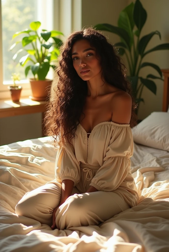 (photorealism:1.2), beautiful woman, sitting on bed, wearing loose off-shoulder top, pajama pants, long curly hair, indoors, soft lighting, plants in background, window with sunlight, cozy room, relaxed pose, realistic, intricate details, warm colors, by Greg Rutkowski, by Alphonse Mucha
