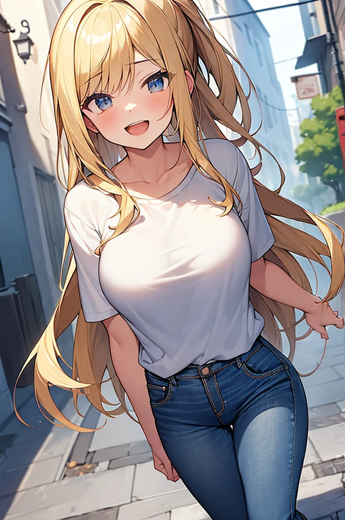(Masterpiece, Top quality:1.5), nsfw, (dynamic angle:1.2), (1 beautiful girl, solo:1.2), dynamic pose, (Blonde hair:1.3), medium Hair, forehead:1.2, low ponytail, slicked back hair, wavy Hair, airy hair, large breasts:1.3, , ( T shirt, denim:1.3), smile:1.3, blush:1.4, beautiful scene of narrow alley, magnificent panorama view, blurry background ,open mouth