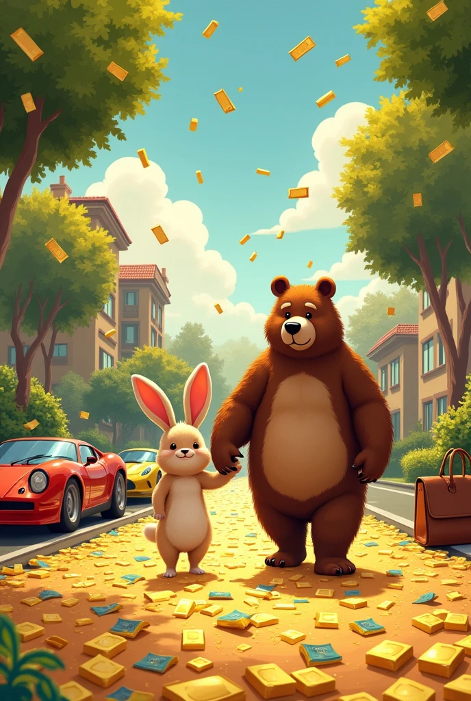 Rabbit and Bear ，illustration style，Walking on a road paved with gold bars，Money raining from the sky，Surrounded by sports cars，Luxury Homes，Designer bags