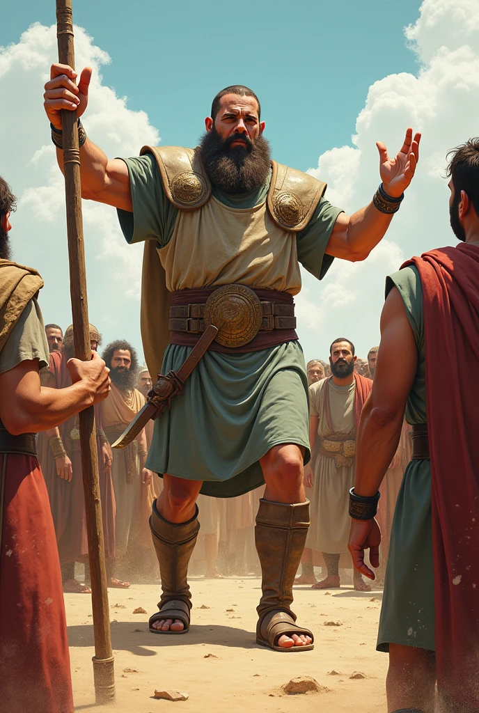 - Panel 2: Goliath challenges the Israelites to choose a champion for a single combat.
    - Goliath: "Choose a man to fight me! If I win, we will be your servants; If I win, you will be ours!"

create a drawing about this