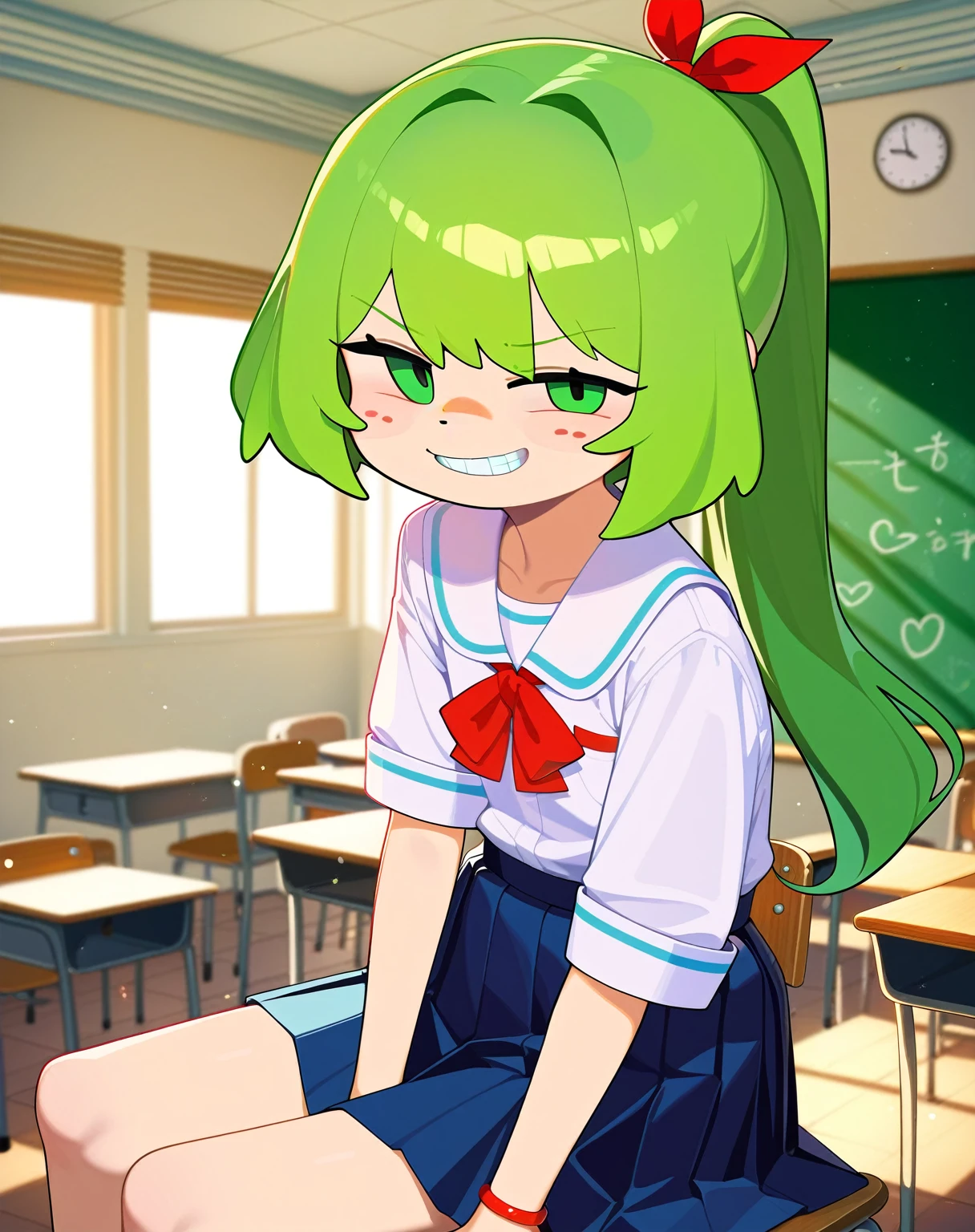 score_9,score_8_superior,score_7_superior,score_6_superior,score_5_superior,score_4_superior 、8k,Highly rated on Pixiv, Very naughty,Familiar attitude、Bring your face closer、Young girl in Japan,Three white eyes、(Mob Face:1.2)、Sampakuai、Grin、Flat Chest、Dark green hair color、Ponytail、Green Eyes、Pleated skirt、School Uniform Blouse、In the classroom、evening、Flip up the skirt、superiorから、Face close-up