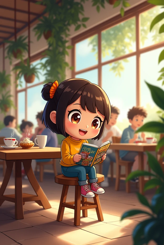A chibi cartoon of a ager reading on a tablet at a cafe