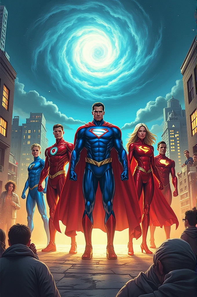 Superheroes coming together to fight a natural disaster and help people