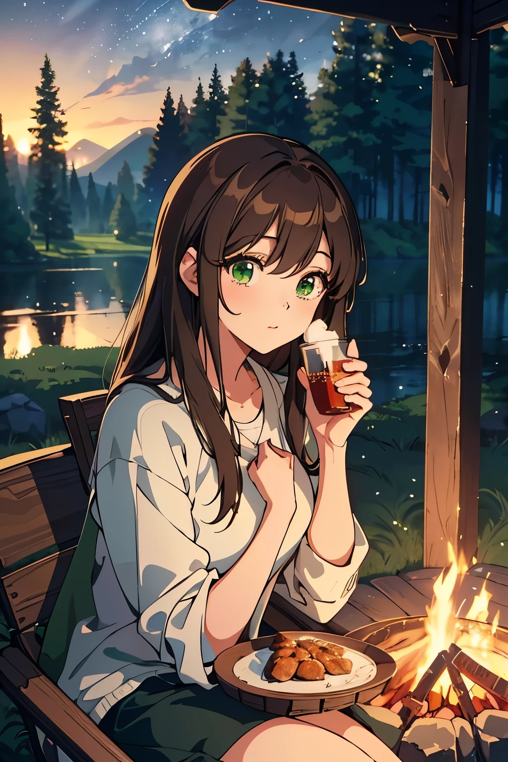 ((masterpiece, Highest quality, High resolution, 超High resolution, Pixel perfect, Written boundary depth, 4K, RTTX 10.0, High resolution))), 1 person, single, alone, Beautiful Anime, Beautiful art style, Anime characters, ((Shortcuts, bangs, Dark brown hair)), ((Green Eyes:1.4, Round eyes, Beautiful eyelashes, current eyes)), ((Smooth texture:0.75, Anime CG style)), ((Dynamic Angle, close)), Perfect body, (cute), Normal chest, whole body, ((4K, 8k, Highest quality, Perfect Fingers: 1.3, Perfect ???????: 1.3, Background Blur)), whole bodyアングル, An illustration of people camping, The character is sitting in front of a tent at a campsite, wearing casual outdoor clothing., She is relaxing by the campfire, Marshmallows are being roasted, Holding a warm drink, The background features a lush forest and a tranquil lake, The night sky is full of stars, Overall, spending a relaxing time in nature, A scene with a comfortable atmosphere