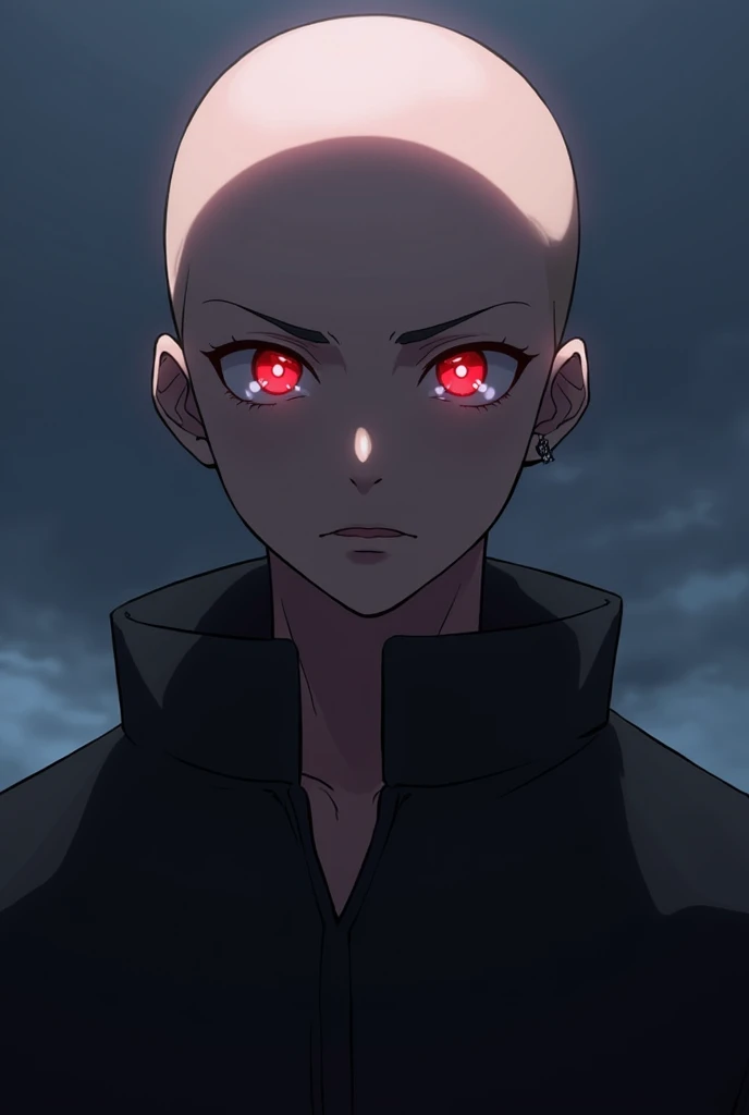 A man with red eyes and no hair on his head. A detailed anime-style portrait of a young man standing with no hair on his head. The plane in the background is one color