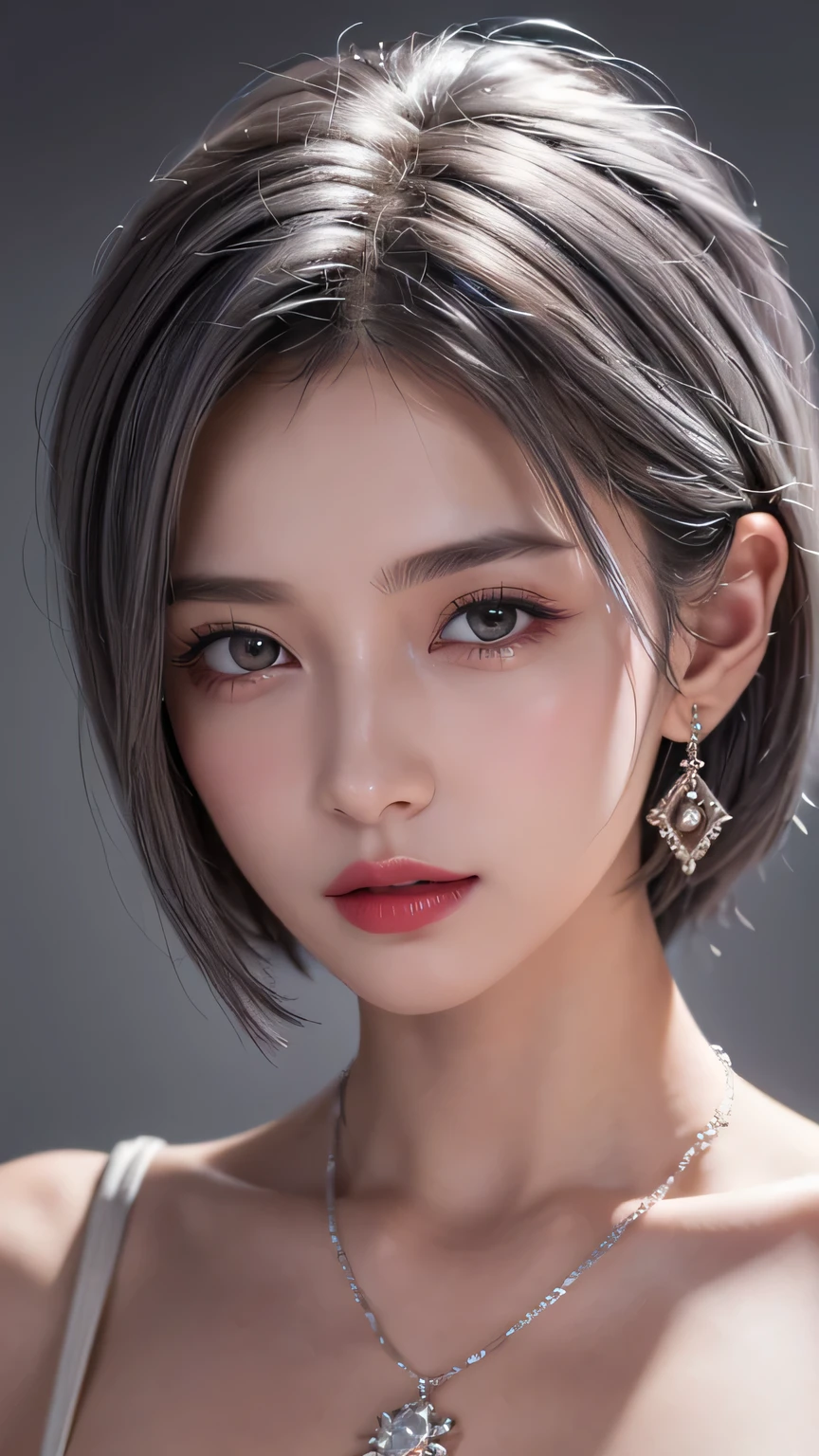 very cool,One person,jewelry,Multicolored Hair,Silver Hair,Gray Hair,alone,necklace,short hair,whole body,Earrings,Red lips,avert your eyes,Exposing shoulders,Look to the side,compensate,lipstick,, Highest quality , masterpiece, figure, Very delicate and beautiful, Very detailed ,CG,Unity,8k wallpaper, wonderful, In detail, masterpiece, Highest quality,Official Art,Very detailed CG Unity 8k wallpaper,Absurd, incredibly Absurd, Large file size , Very detailed, High resolution, Very detailed,Beautiful detailed, Very detailed eyes and face, Beautiful attention to detail,Light on the face,