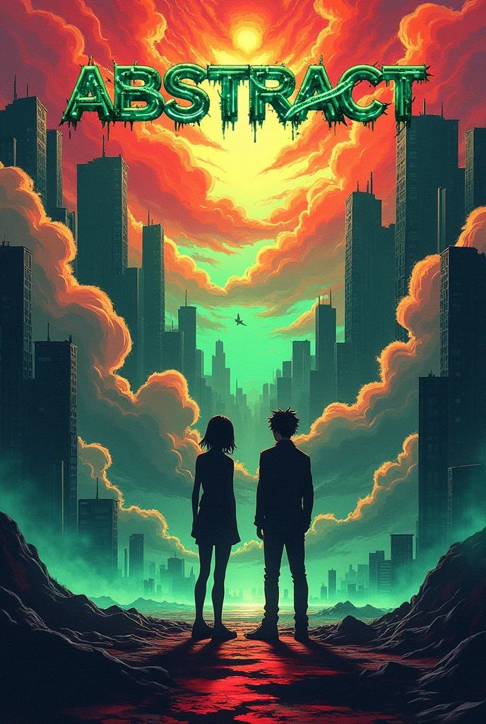 a poster of two people standing in front of a city, abstract album cover, abstract, artistic abstarct, abstract high quality, abstract!, abstract concept, an abstract, anime abstract art, abstract horror, 8 k hd wallpaperjpeg artifact, 8k hd wallpaperjpeg artifact, abstraction, abstract environment, abstract!!, abstract style, official artwork. with the word ABSTRACT in the sky surrounded with chains making it green