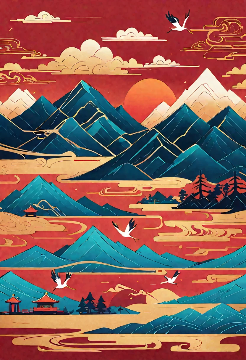 pine,A Thousand Miles of Rivers and Mountains,Flying cranes,Lacquer、relief、mountains,gold foil,Minimalist composition of Chinese landscapes、red sky solid color,illustration