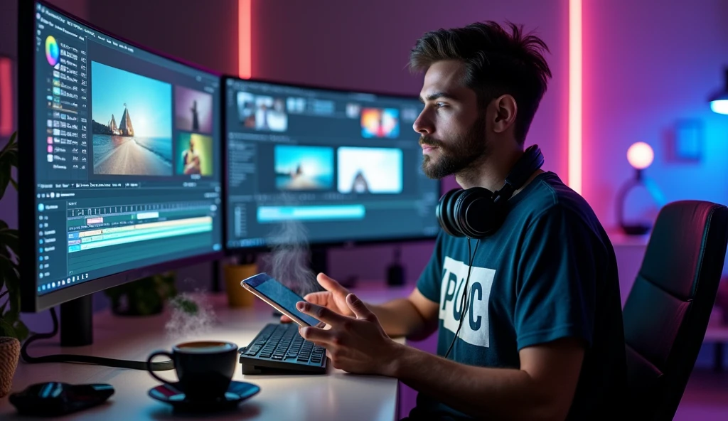 "Create an image of a character who looks like a professional video editor, facing forward. The character should have a focused and creative expression, with a modern and stylish appearance. They should be wearing casual, comfortable clothing, such as a graphic t-shirt and headphones around their neck. The character could be holding a tablet or a laptop with visible editing software on the screen. The background should include elements of a high-tech workspace, such as multiple screens displaying video timelines and editing tools. The character's desk could have various editing gadgets and a coffee cup to reflect their dedication and hard work."