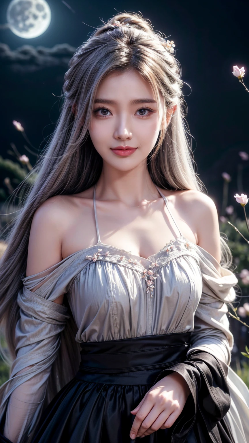 masterpiece, best quality, 1 Girl, (rich and colorful),(Beautiful eyes and delicate face),cinematic Lighting,Half-length photo,Extremely detailed CG unity 8k wallpaper,White hair,Solitary,Smile,Delicate skirt,((Flying petals)),(Flowering meadow) Sky, cloudy_Sky, architecture, moonLight, moon, night, (Dark theme:1.3), Light, fantasy,