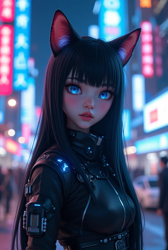 Japanese manga style character sheet of Reika Shimohira as a cyberpunk nekomata catgirl, front and back view wearing the same outfit, full body, small thumbnail portraits on one side, colorful cyberpunk bodysuit, white and black background, equipment, weapon, detailed, intricate