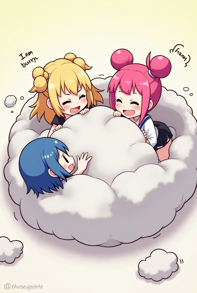 An anime-style illustration depicting three twin-tailed girls playfully wrestling with each other inside a light gray comical fight cloud (dust cloud).
each girl has different colored hair: one with blonde twin tailes,another with pink twin tailes,and one with blue twin tailes.
their faces,hands,and feet are visible emerging from the cloud as they tussle humorously, with the rest of their bodies completely hidden inside the cloud.
the illustration emphasizes the humorous and energetic nature of their scuffle,with a fluffy and exaggerated fight cloud.