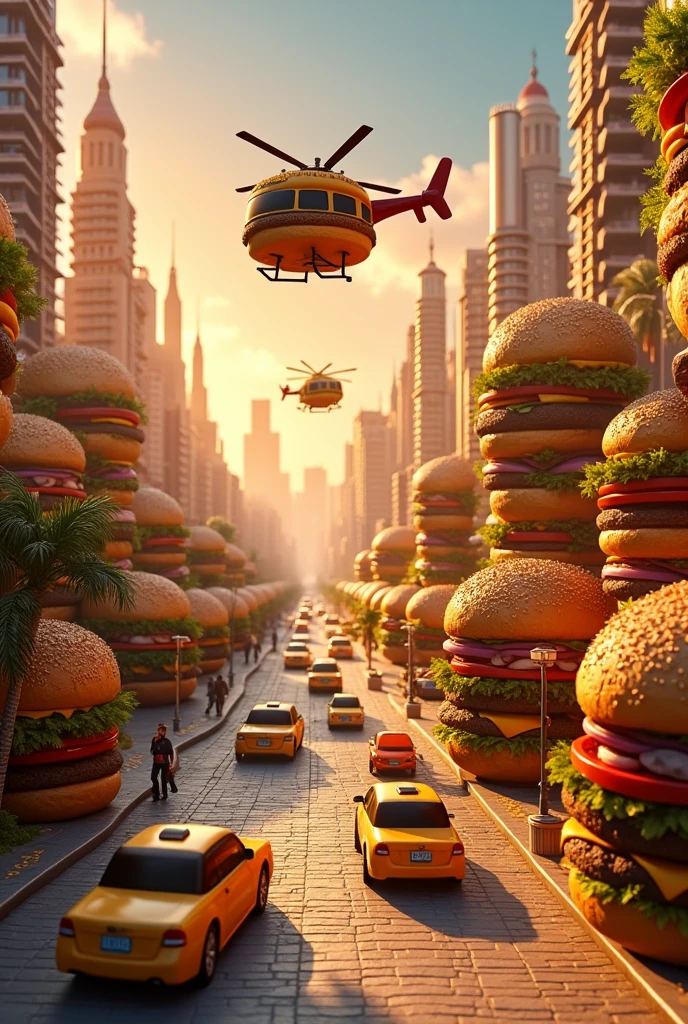 Create a highly detailed and imaginative city where everything is made from burgers. The buildings are towering burgers stacked with layers of buns, lettuce, cheese, and patties, forming skyscrapers and houses. Streets are lined with burger-shaped cars, buses, and scooters, each with wheels made from onion rings. Airplanes and helicopters flying above are crafted from elongated burgers, with lettuce and tomato wings. The sidewalks and parks are made of burger buns, and streetlights resemble skewers holding mini-burgers. The entire scene should give the impression of a bustling burger city, with vibrant colors, playful details, and a whimsical atmosphere. The sky is clear with a warm sunset glow, casting soft shadows over this mouth-watering cityscape."