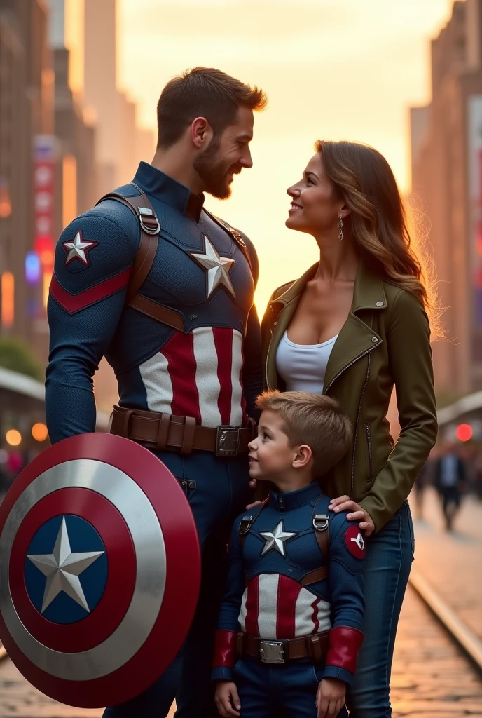  Captain America in hero dress with son and wife