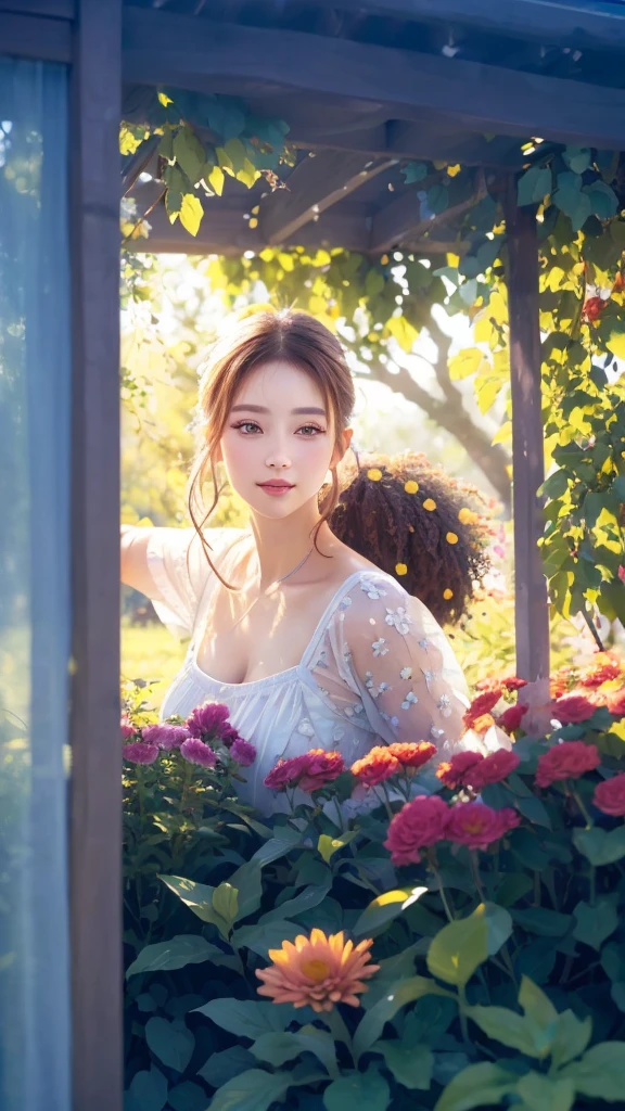 (((sfw:1.5)))、A girl in a garden, transparent, blending into the background, medium:oil painting, detailed eyes, detailed lips, extremely detailed face, long eyelashes, natural beauty, peaceful atmosphere, floral surroundings, soft sunlight, warm color tones, highres, vivid colors, bokeh、