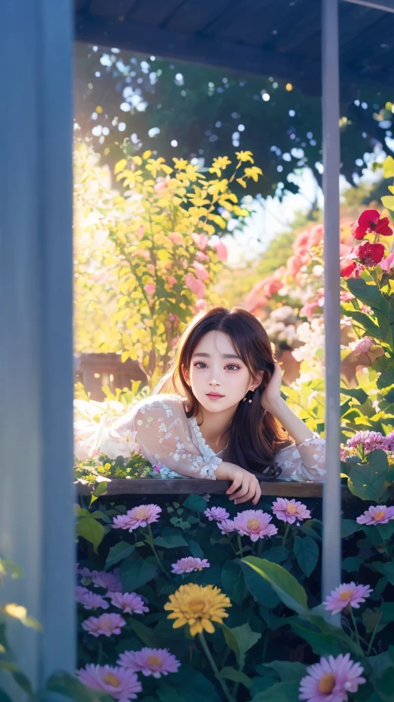  (((sfw:1.5)))、A girl in a garden, transparent, blending into the background, medium:oil painting, detailed eyes, detailed lips, extremely detailed face, long eyelashes, natural beauty, peaceful atmosphere, floral surroundings, soft sunlight, warm color tones, highres, vivid colors, bokeh、