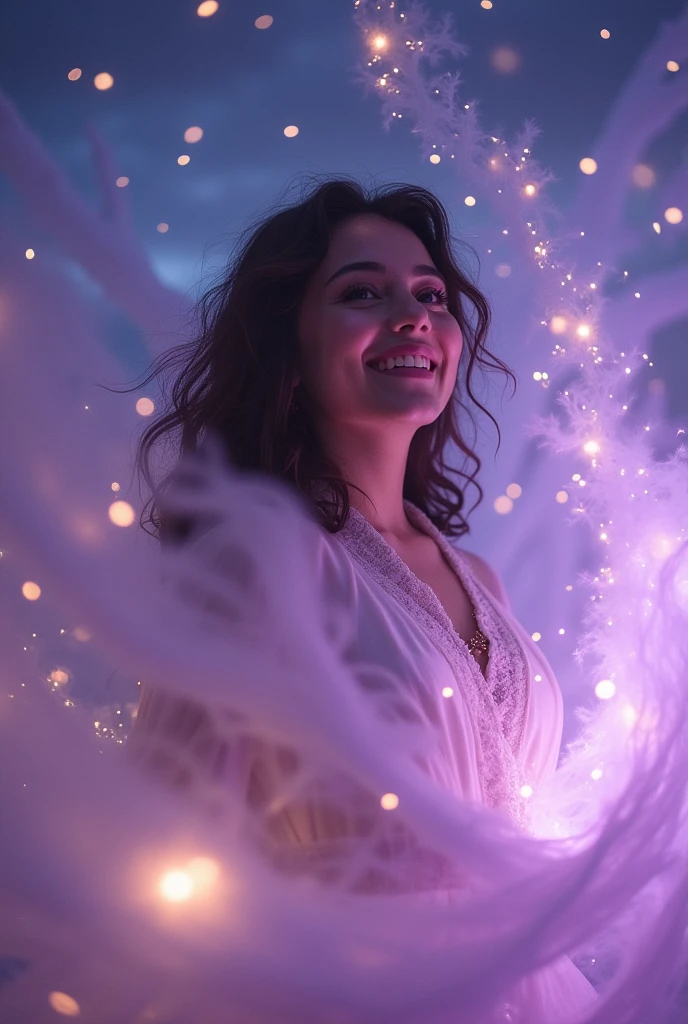 A woman enveloped in purple and silver light, smiling gently.。