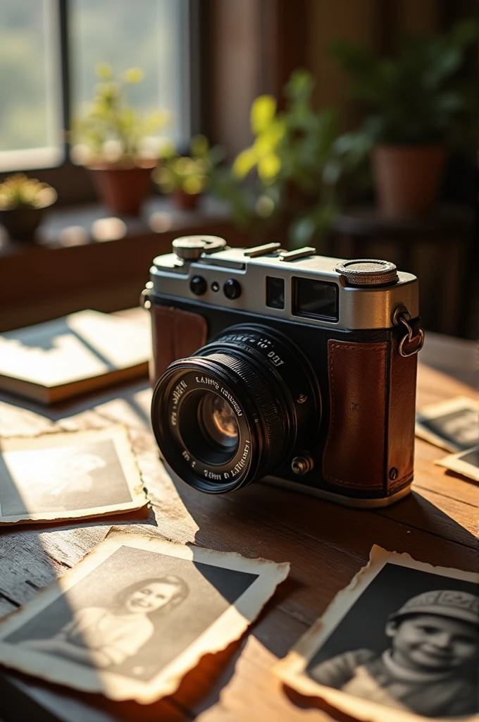 old camera,on a table,with vintage family photos around 
