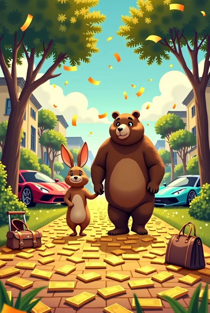 Rabbit and Bear ，illustration style，Walking on a road paved with gold bars，Money raining from the sky，Surrounded by sports cars，Luxury Homes，Designer bags
