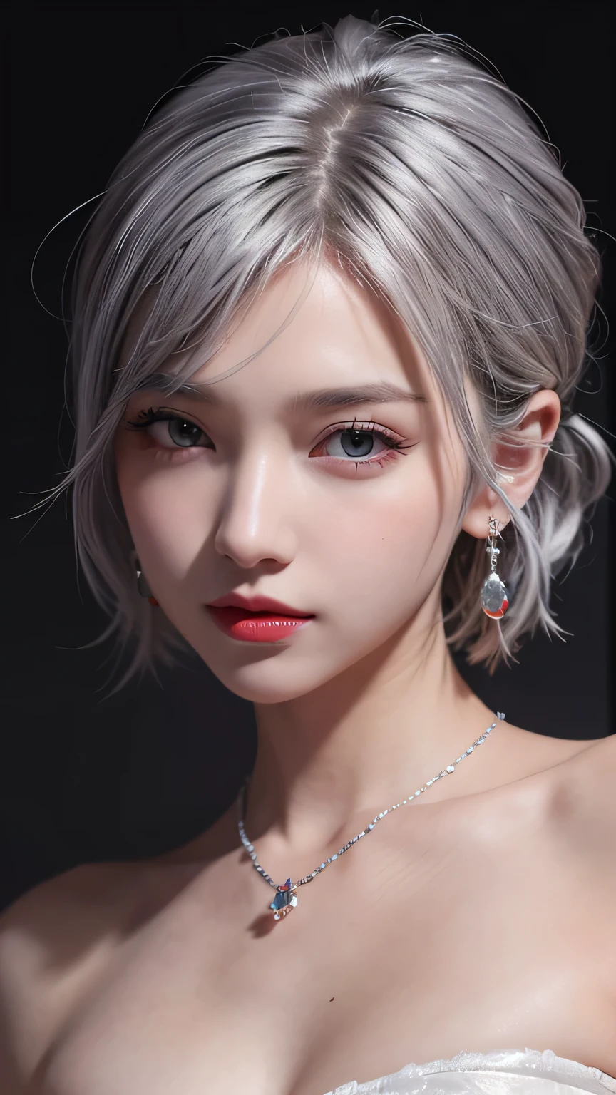 very cool,One person,jewelry,Multicolored Hair,Silver Hair,Gray Hair,alone,necklace,short hair,whole body,Earrings,Red lips,avert your eyes,Exposing shoulders,Look to the side,compensate,lipstick,, Highest quality , masterpiece, figure, Very delicate and beautiful, Very detailed ,CG,Unity,8k wallpaper, wonderful, In detail, masterpiece, Highest quality,Official Art,Very detailed CG Unity 8k wallpaper,Absurd, incredibly Absurd, Large file size , Very detailed, High resolution, Very detailed,Beautiful detailed, Very detailed eyes and face, Beautiful attention to detail,Light on the face,