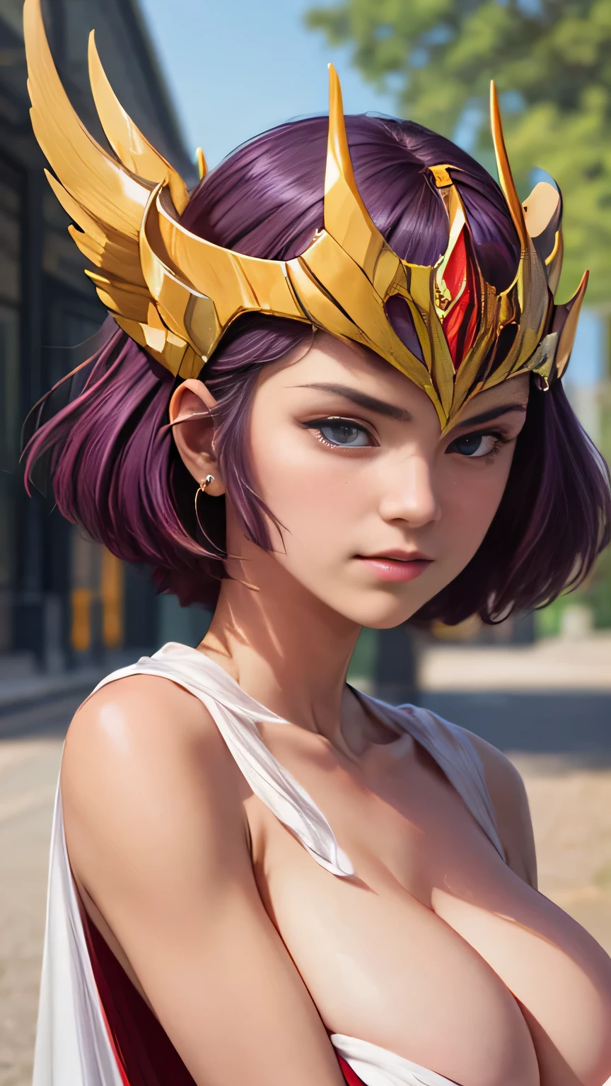 (upper body shot, professional portrait :1.5),
(Focus on face),
(1boy, solo),
closed mouth, (innocent_big_eyes:1.0),(Light_Smile:0.3),
looking at viewer,
(Beautiful,huge_Breasts:1.4), (beautiful_face:1.5),(narrow_waist),
short hair,purple eyes, purple hair,
White skin,
Beautiful Finger,Beautiful long legs,Beautiful body,
Beautiful Nose,
perfect eyes, perfect face,expressive eyes,
perfect balance,
beautiful face, (realistic face),
beautiful hairstyle,
realistic eyes, beautiful detailed eyes,
(realistic skin), beautiful skin,
golden ratio,
yellow and black outfit with a red collar,cape, cleavage,
helmet,
(photorealistic, RAW photo : 1.4),
(masterpiece, best quality:1.5),
absurdres, attractive,
ultra high res, ultra realistic, highly detailed,
professional photograph,
blurry background, bokeh, lens flare,