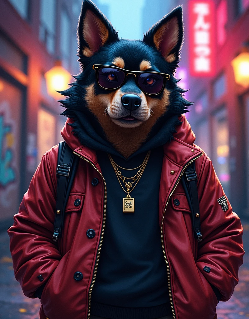 The main subject is an anthropomorphic fat dog gangster with a rebellious and stylish demeanor. This character is depicted with spikey ebony hair, sleek shades, and fashionable attire. The image is likely a highly detailed and colorful painting or digital artwork. Every detail of the gangster bursts with attitude, from the sharp spikes of their hair to the chic sunglasses adorning their face. The quality of the image is exceptional, capturing the essence of this edgy and confident character with precision and flair.