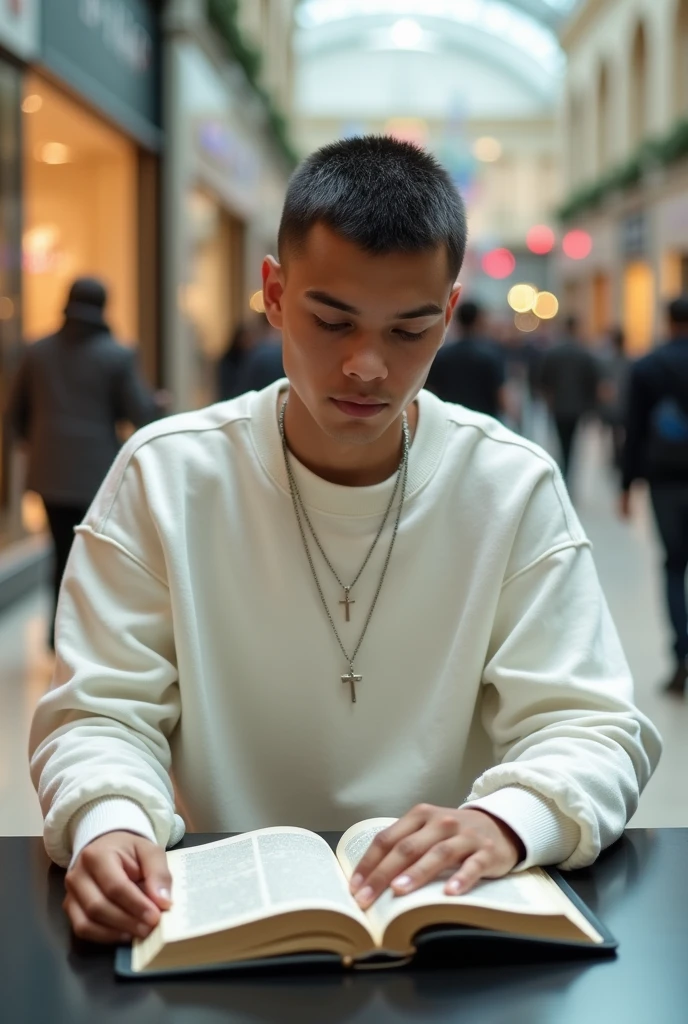 best qualityer:1.4), (ultra high resolution:1.2), (photorrealistic:1.4), (8k, CRU photo:1.2), a thin young man of 20 years old, light brown skin, with a smooth, beardless face, short American haircut on the sides and top, He's wearing a white sweatshirt, with a thin silver chain with a cross symbol, He is sitting at a shopping mall table, distractedly reading a book. 