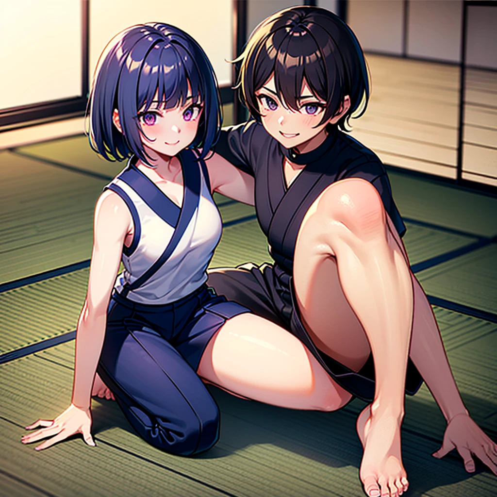 1girl, extremely detailed, intricate detail, short hair, dark blue hair, sleeveless white gi, purple eyes, smiling, tatami mats in background, navy blue martial arts trousers, fighting stance, barefoot, best quality